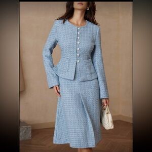 Elegant Blue Chanel Style Women's Skirt and Blazer Set